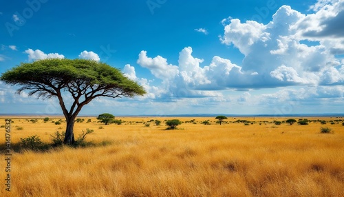 Scenic African Savanna Landscape with Acacia Trees and Blue Cloudy Sky