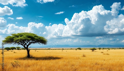 Scenic African Savanna Landscape with Acacia Trees and Blue Cloudy Sky