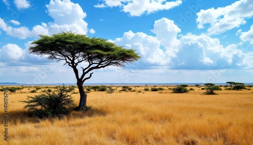 Scenic African Savanna Landscape with Acacia Trees and Blue Cloudy Sky