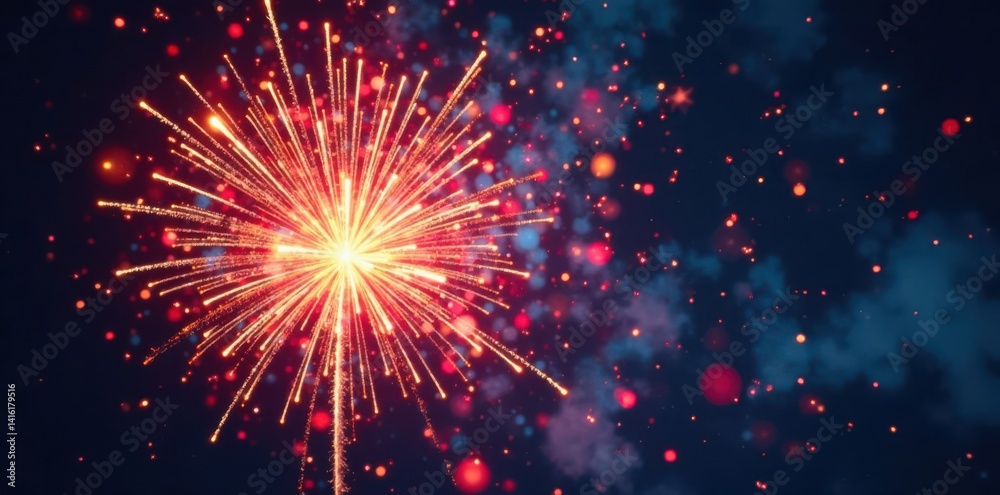 Fototapeta premium Colorful explosion of fireworks in the shape of a burst, with stars and sparks flying outward , night sky, colorful