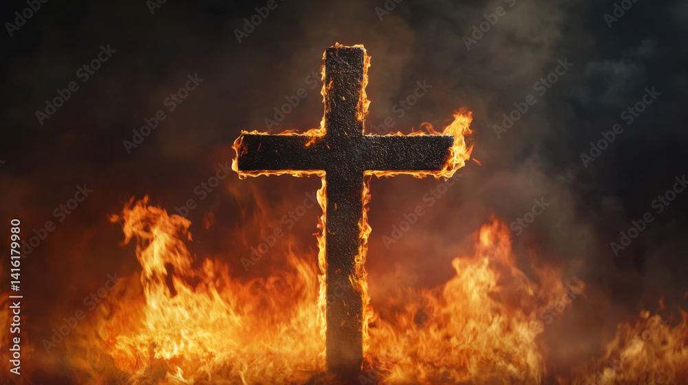 Fototapeta premium cross engulfed in flames symbolizes powerful and intense moment, evoking feelings of passion and transformation. fiery backdrop enhances dramatic effect, creating striking visual