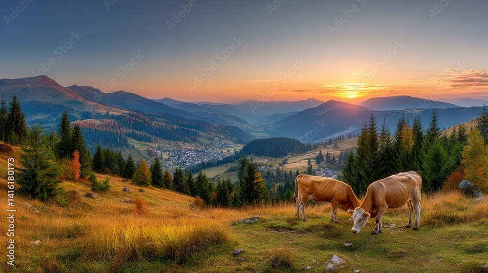 Naklejka premium Two content cows grazing happily in a green field under a clear blue sky with the sunlight shining brightly above