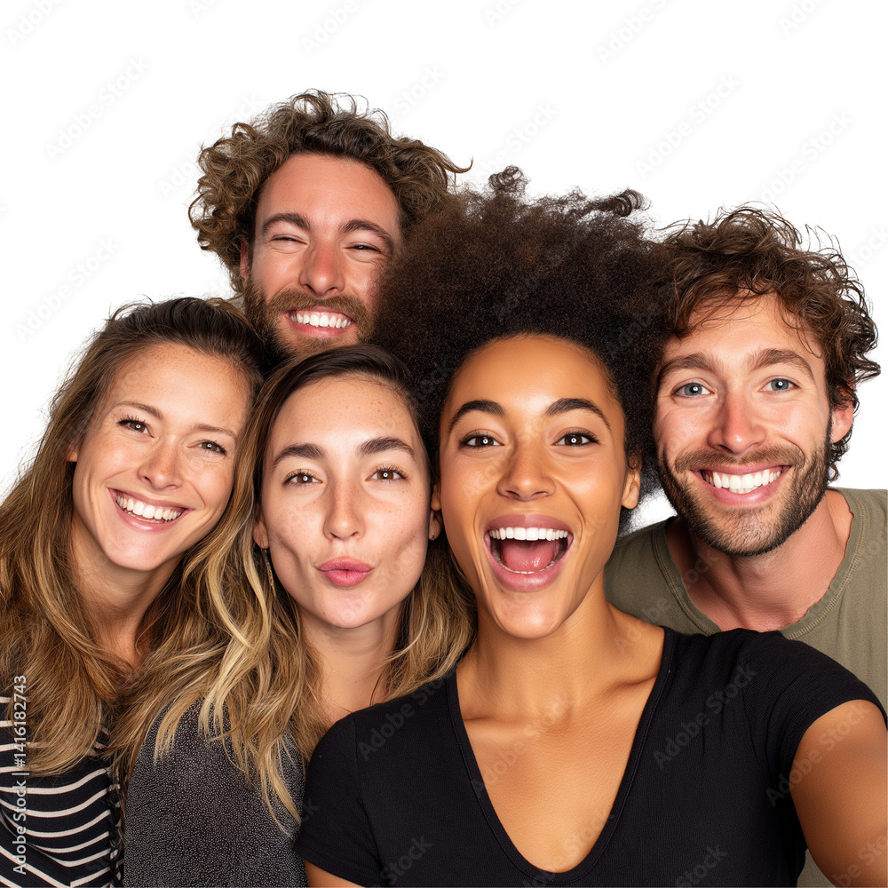 Fototapeta premium Group of friends smiling and taking selfie isolated on white background