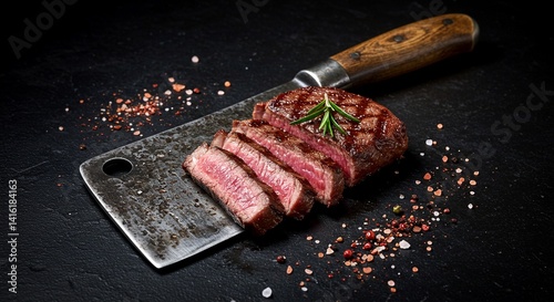 Aged butcher knife with grilled steak slices on top, juicy medium rare meat
