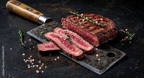 Aged butcher knife with grilled steak slices on top, juicy medium rare meat