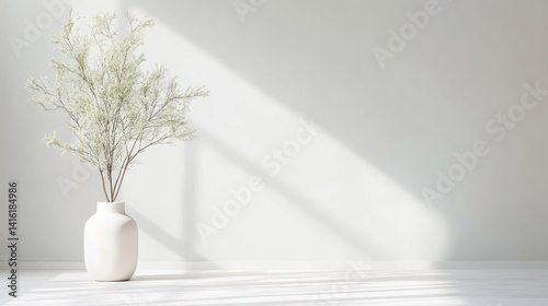 Minimalist vase with a light plant on a white background, casting sunbeams