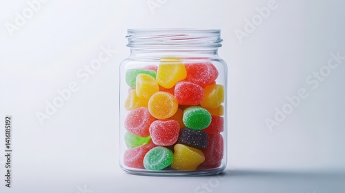 Colorful Candy Jar: A vibrant display of assorted candies fills a transparent glass jar, capturing the essence of sweetness and playful indulgence.