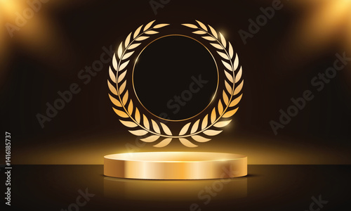 Golden award round badge with laurel wreath and podium in black background. Elegant medals trophy design.