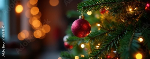 Christmas tree decorated with lights and ornaments, holiday, bows, colorful