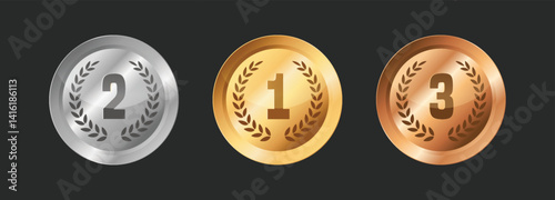 Round badge award golden, silver, bronze. Luxury medals trophy nomine.