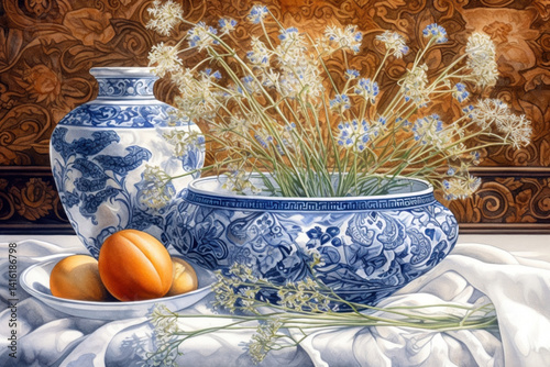 still life in blue and yellow tones with exquisite dishes, porcelain., watercolor style, Generative AI