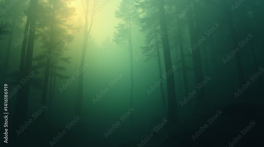Obraz premium A mysterious, ethereal forest shrouded in a thick, emerald green fog, sunlight barely piercing the canopy, creating an atmospheric scene of quiet mystery.