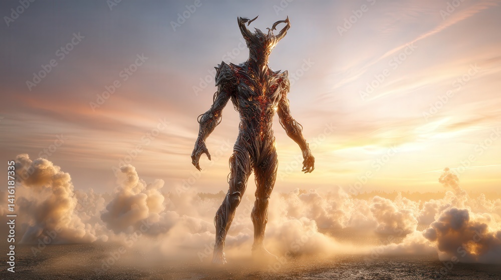 Fototapeta premium Impressive giant robot towering above the clouds creating a futuristic atmosphere in the open sky