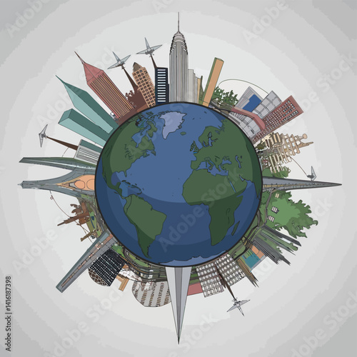 Earth's Wonders in 2D Vector Art. A Towering Tribute to World Attractions and Architectural Marvels
