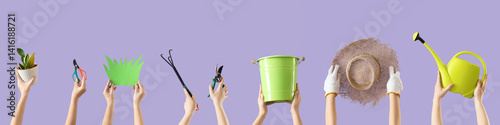 Obraz na płótnie Female hands with gardening tools, plant and paper grass on lilac background w salonie
