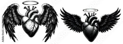 anatomical heart with large angelic wings black vector isolated on white background.