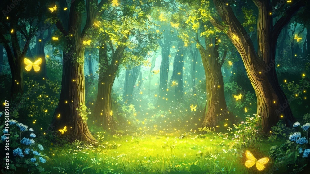 Obraz premium Enchanted Forest: A mystical forest scene where soft light filters through the trees. Fairies fly in the enchanting forest, creating an ethereal atmosphere of peace and magic.