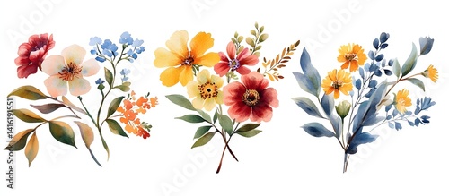 Set of watercolor flowers paintings, floral vintage bouquet illustrations with wildflowers and leaves. Designer poster, greeting card, birthday card. Isolated on white, revealing quiet artistry