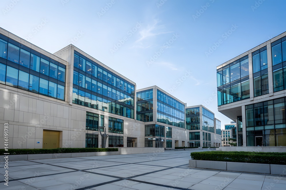 Obraz premium Modern Office Complex Courtyard under Morning Sky