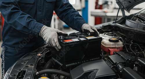 Mechanic Installing Car Battery with Blue Uniform and Gray Gloves Under Hood in Garage photo