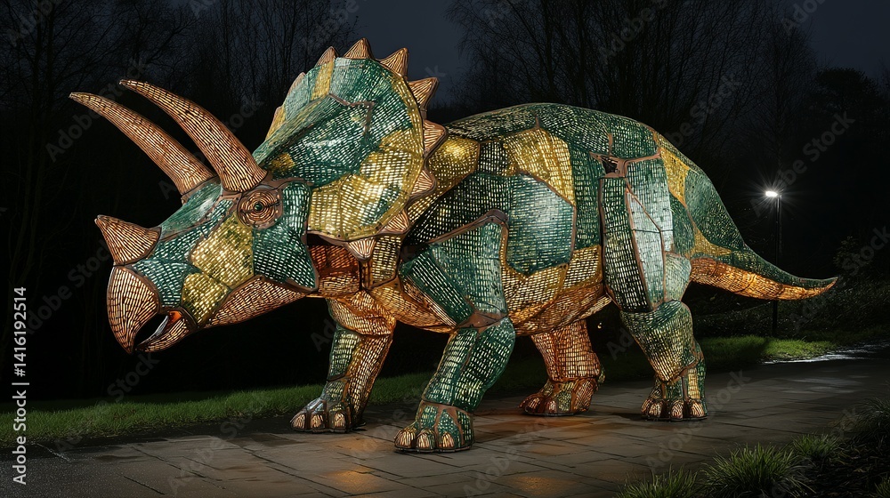 Fototapeta premium Illuminated triceratops sculpture stands out at night.