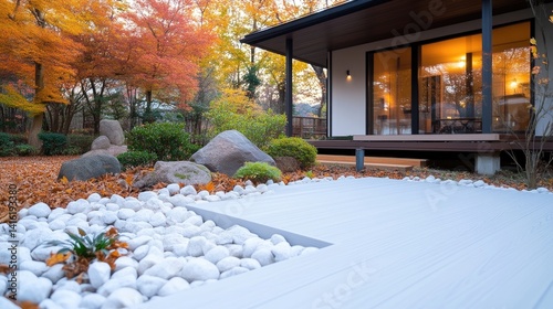 Tranquil autumnal garden with modern house.  Crisp white stones and wood deck lead to a warm interior. Autumn foliage and rocks create serene ambiance