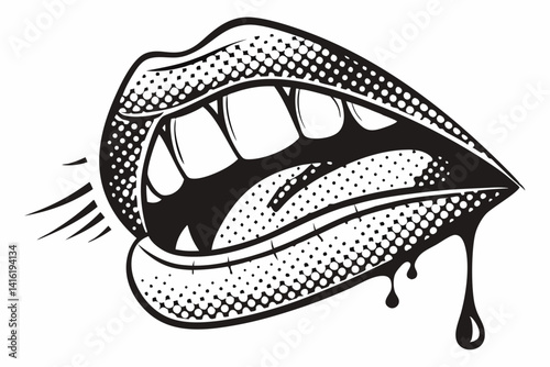Vampire Lips with Sharp Fangs and Dripping Blood Halftone