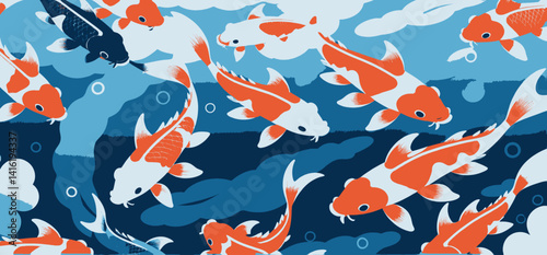 Colorful Koi Fish Pond Illustration_Japanese Carp Swimming in Water_Lucky and Ornamental Fish Art_Aquatic Animal Design for Decor and Backgrounds