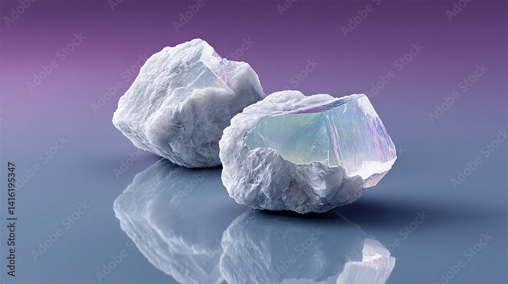 Obraz premium Two iridescent gemstones rest on reflective surface, showcasing their bright neon hues against gradient purple background. stones holographic appearance adds futuristic touch