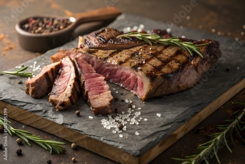 Dry Aged Barbecue Porterhouse Steak T-bone beef steak sliced with large fillet piece with herbs and salt. American meat restaurant