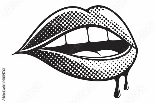 Vampire Lips with Sharp Fangs and Dripping Blood Halftone