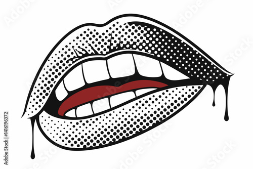 Vampire Lips with Sharp Fangs and Dripping Blood Halftone