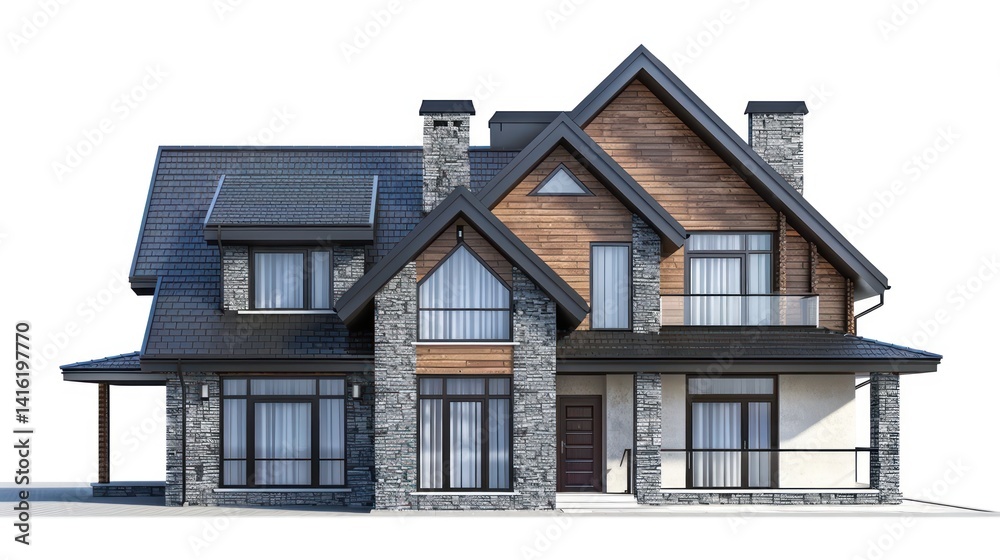 image of a two story house with modern architecture style and roof with gables. House is made of brick with stone portions. 2d image front elevation with a white back ground image of a two story house with modern architecture style and roof with gables. House is made of brick with stone portions. 2d image front elevation with a white back ground