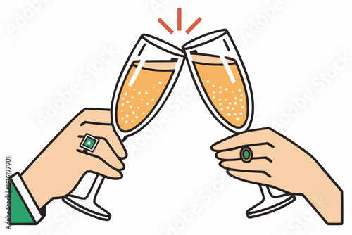 Elegant Hands Toasting with Champagne, Gemstone Rings Detail