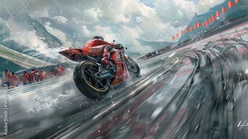 A dramatic scene capturing a motorcycle skidding on a racetrack, showcasing high-speed action under a dynamic sky, evoking excitement and adrenaline in motorsport.