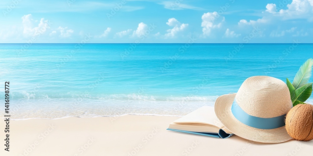 Obraz premium Tranquil Beach Scene With Book Hat And Coconut