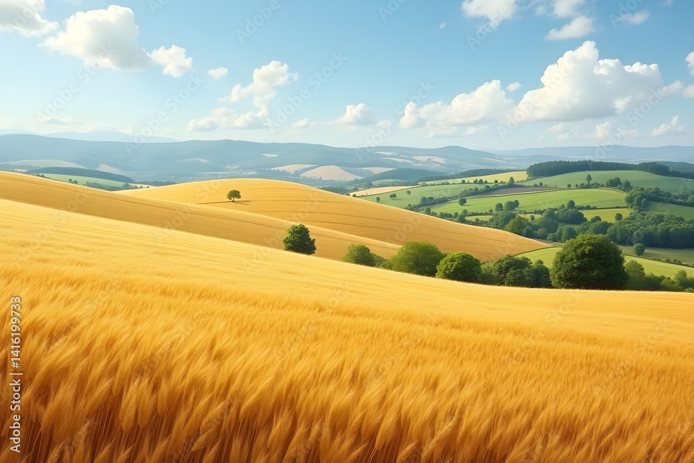 Rolling Countryside Hills Covered in Golden Wheat Fields Rolling Countryside Hills Covered in Golden Wheat Fields