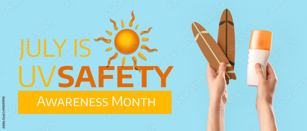 Female hands with sunscreen cream and mini surfboard on blue background
