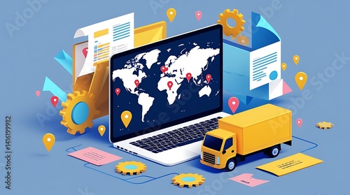 Modern isometric design featuring a computer, truck, world map, and tracking icons, symbolizing e-commerce logistics, shipment monitoring, and global supply chain management

