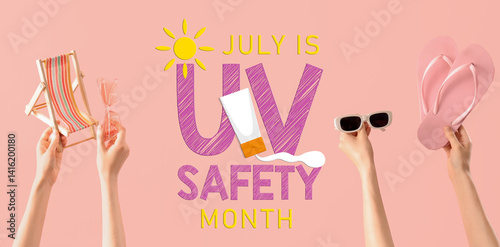 Female hands with flip-flops, mini deck chair and sunglasses on pink background