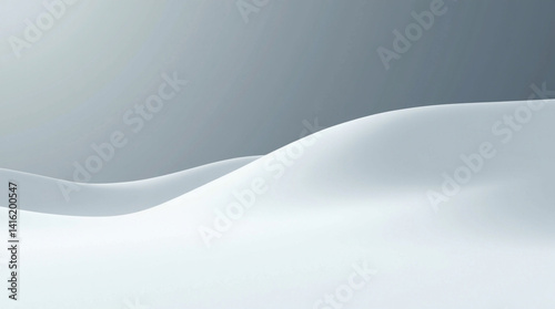 Serene snowdrifts under a tranquil winter sky, a minimalist landscape of soft, flowing white hills against a muted gray backdrop.