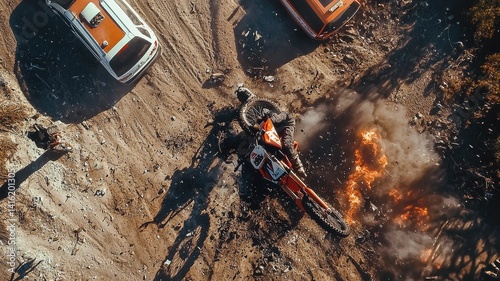 An aerial perspective captures a dramatic motocross bike crash, showcasing the intensity and thrill of extreme sports amidst a cloud of smoke and debris.