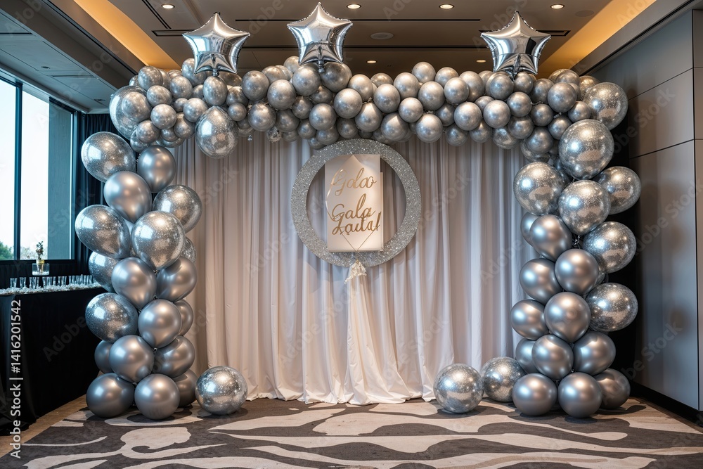 Stylish Banner Decorated with Sparkling Silver Balloons for a Contemporary Gala Ambiance