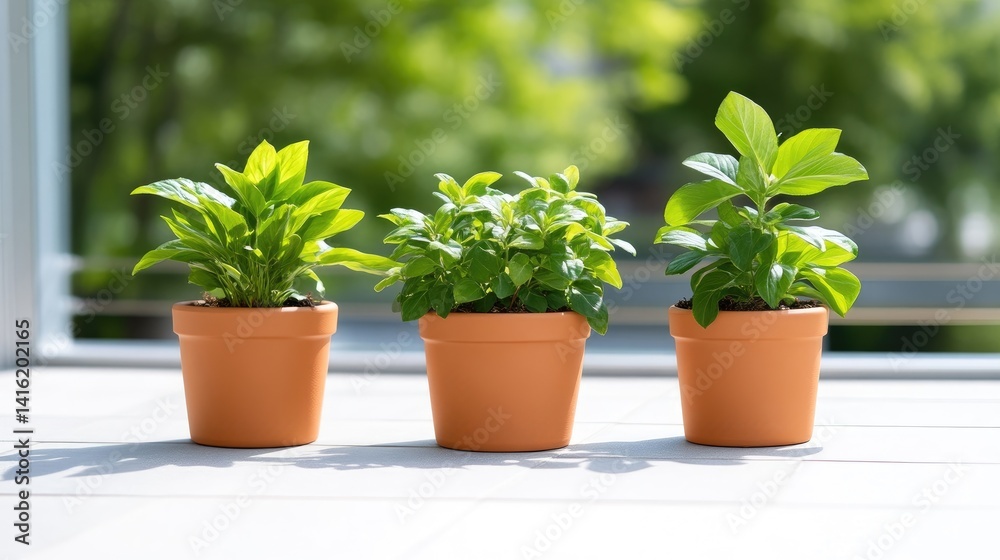 Fototapeta premium Three potted plants in terracotta pots, on a windowsill, bathed in sunlight