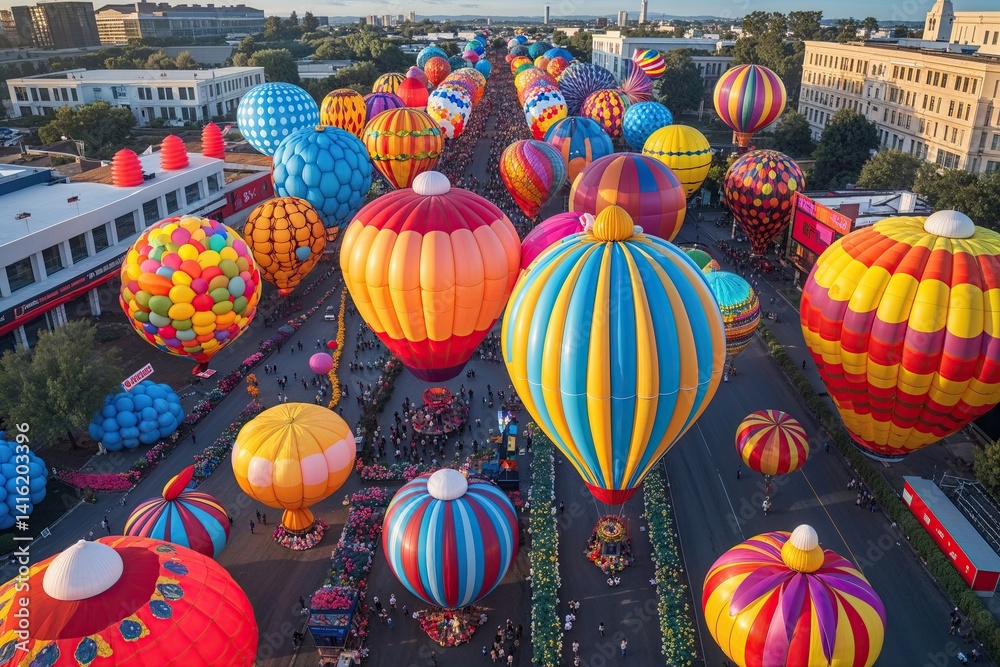 Aerial View of Colorful Balloon Festival with Bright Decorations and Lively Celebrations Aerial View of Colorful Balloon Festival with Bright Decorations and Lively Celebrations