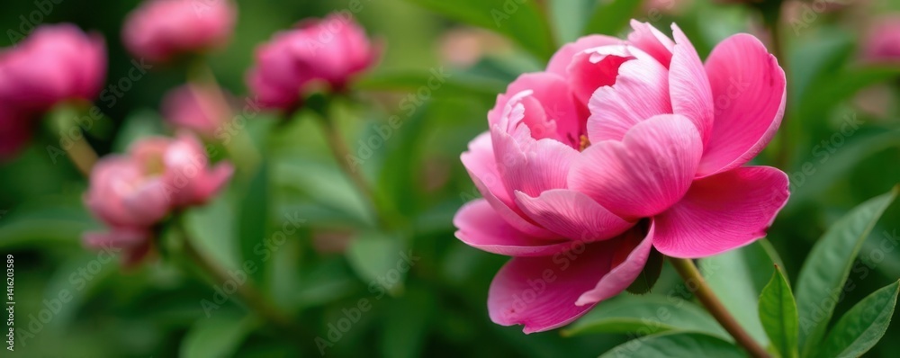 Close-up of fresh peonies with lush greenery and delicate petals in a garden setting, closeup, foliage Close-up of fresh peonies with lush greenery and delicate petals in a garden setting, closeup, foliage