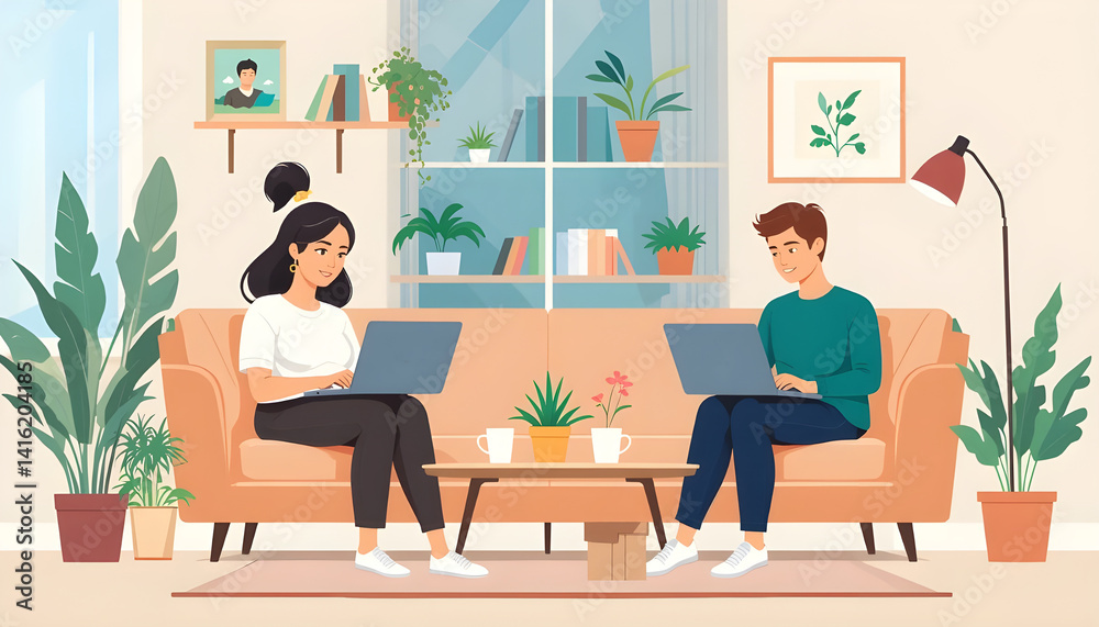 Fototapeta premium flat illustration people working remotely at home with laptops, plants, coffee cups, and cozy furniture, modern color palette and minimal design for digital lifestyle