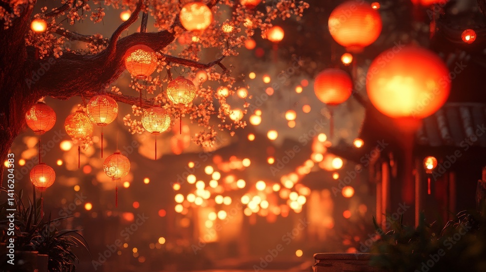 Obraz premium Lanterns of Celebration: A mesmerizing spectacle of glowing lanterns illuminating a traditional landscape, where the warm light evokes a sense of cultural festivity and serene elegance.
