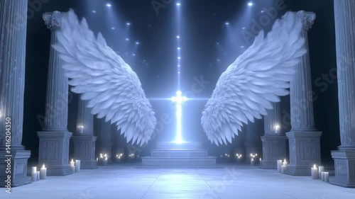 Majestic angelic wings embrace radiant cross, illuminating serene and ethereal space filled with soft light, creating peaceful atmosphere.
