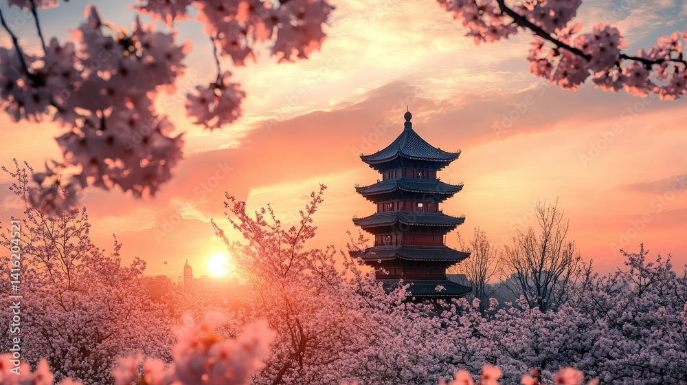 Obraz premium Sunset Pagoda with Cherry Blossoms: A serene five-story pagoda stands majestically amidst a breathtaking sunset, framed by vibrant cherry blossoms in full bloom.